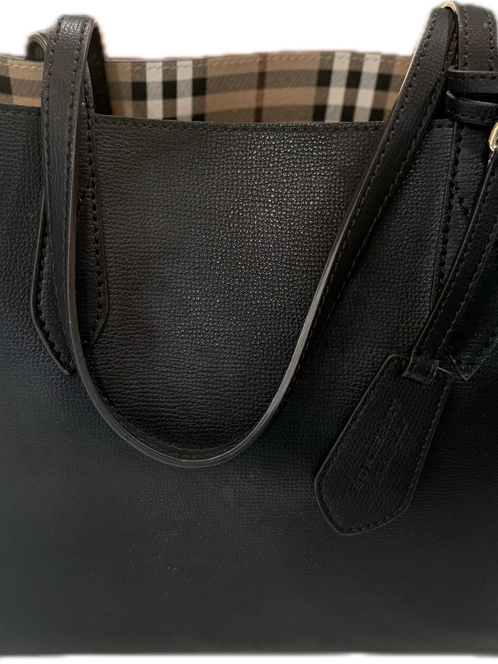 Burberry Haymarket Black Leather Tote Bag with Check Lining - Women - Reversible
